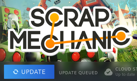 a screenshot of steam, showing the scrap mechanic library page. the button shows an update is queued