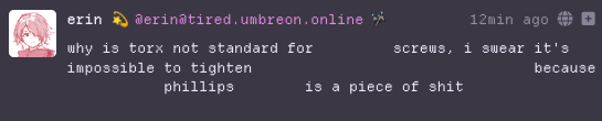 a screenshot of erin's post, but with parts removed so the text becomes "why is torx not standard for [...] screws, i swear it's impossible to tighten [...] because [...] phillips [...] is a piece of shit"