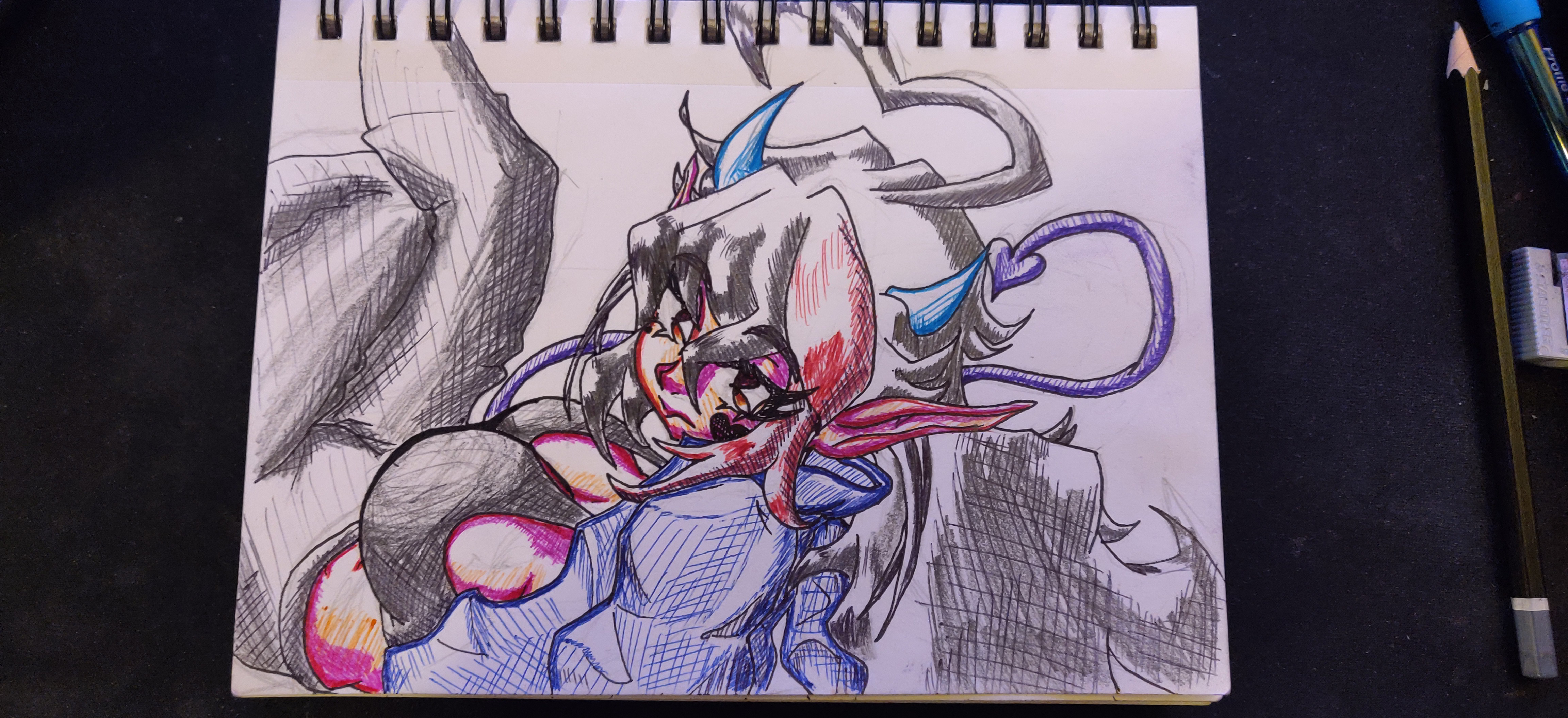 A sketchbook drawing of my character in an angle from behind and a little off to the side. I'm leaning backward, sitting on my elbows, while turning my head to look behind me. The mood conveys a sense of ennui and slight pensiveness.

It is sketched in very light pencil, outlined in micron pen, and colored with a combination of colored ballpoint pen and dark pencil